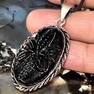 Carve Black Onyx, Rainbow Moonstone Pendant 2”